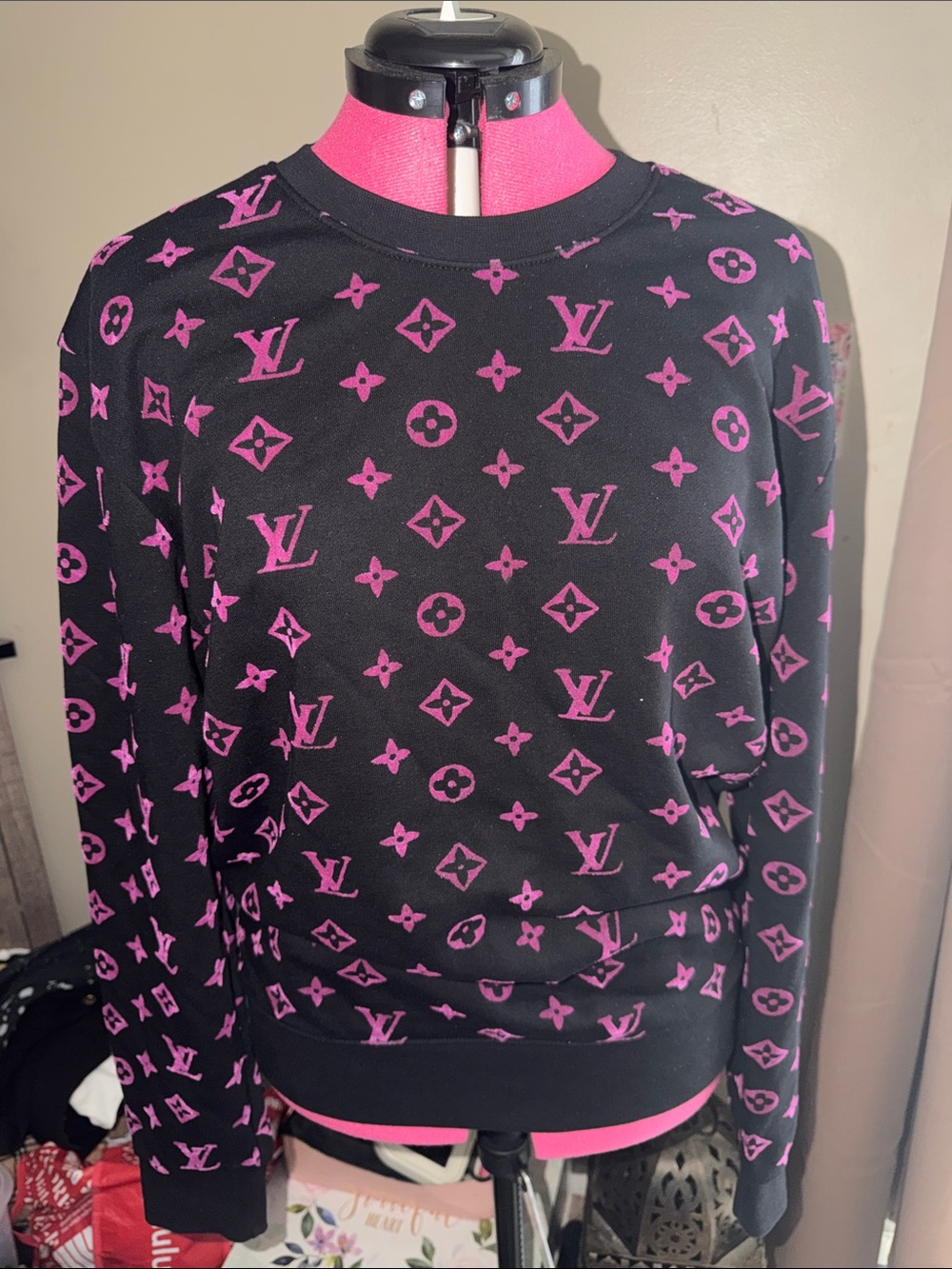 Louis Vuitton Black and Pink Monogram Crewneck Sweatshirt